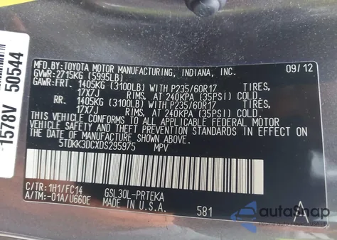 2013 Toyota Sienna Le V6 8 Passenger z USA, uszkodzony, nr VIN 5TDKK3DCXDS295975